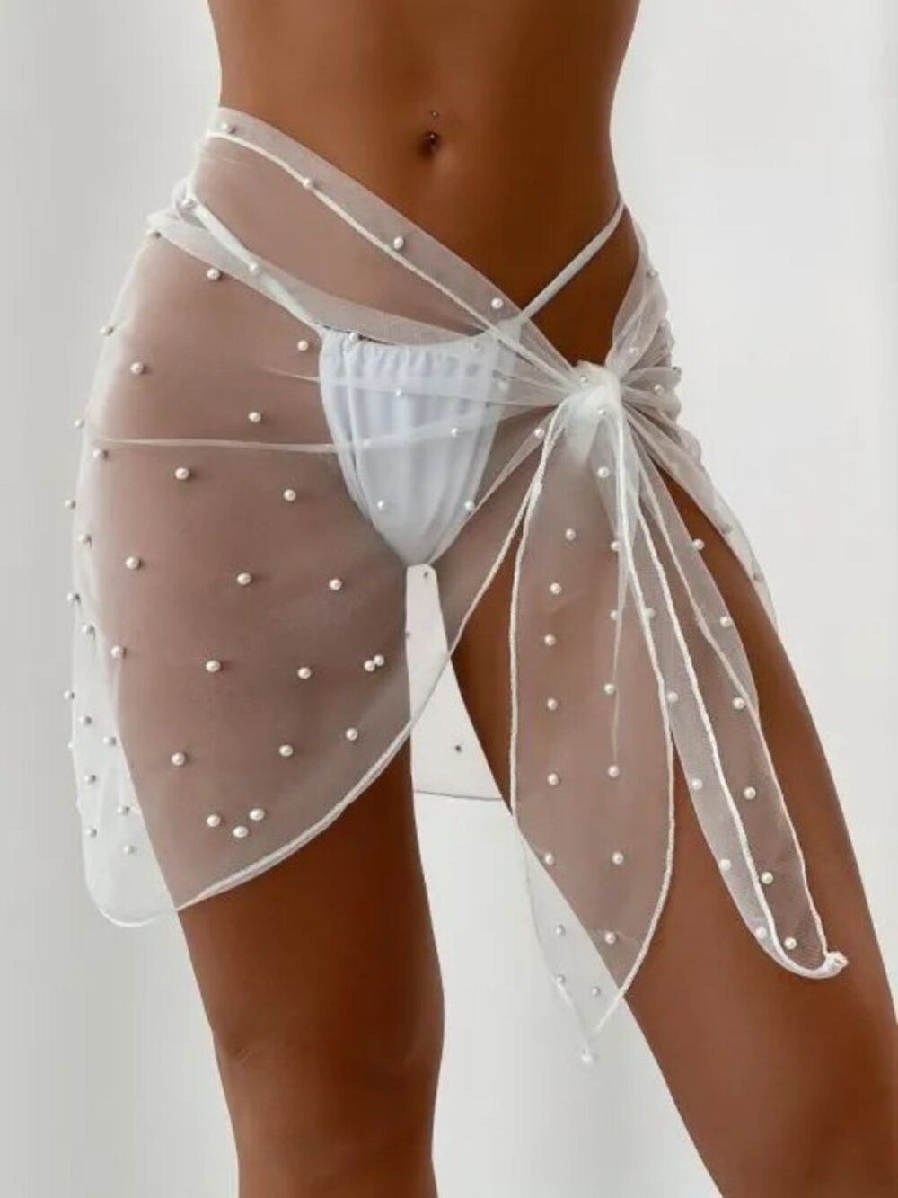 Sheer Pearl-Embellished Swim Coverup - White
